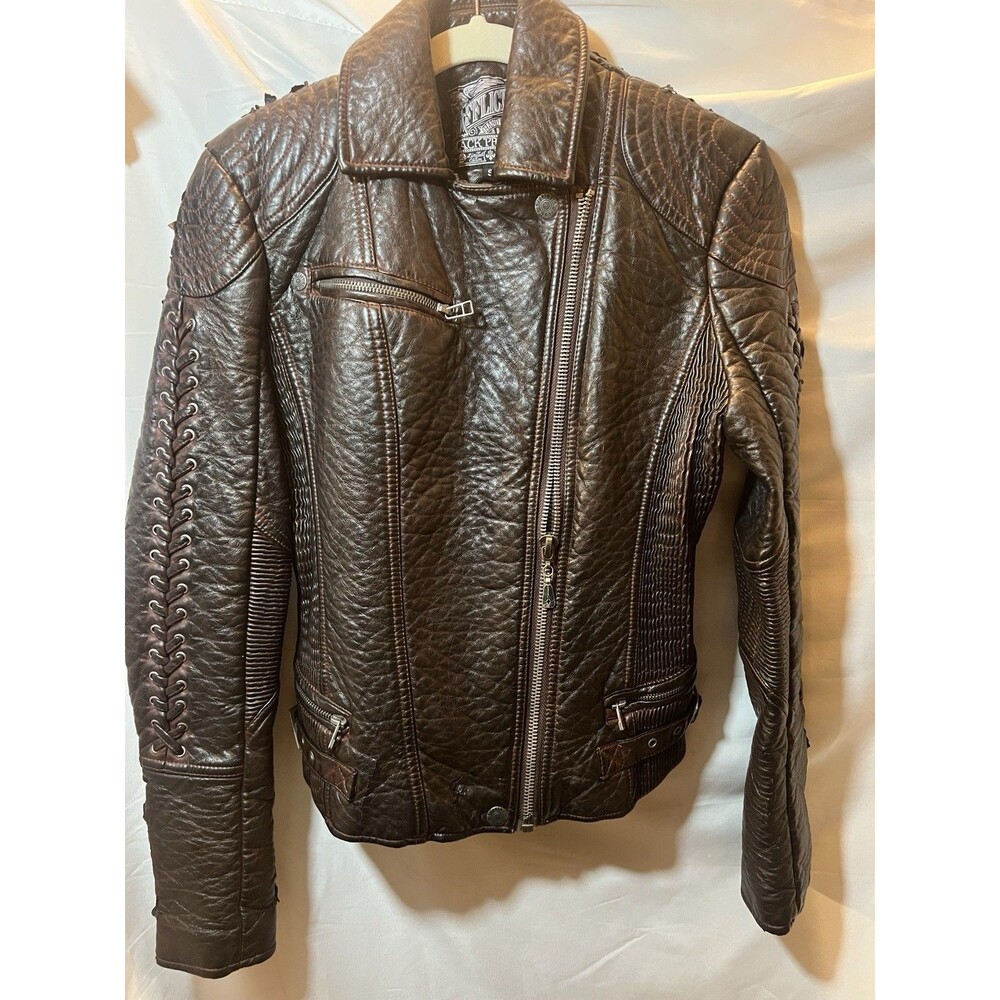 Affliction Women’s S Brown Faux Leather Moto Jacket Braid Grunge Biker Rocker